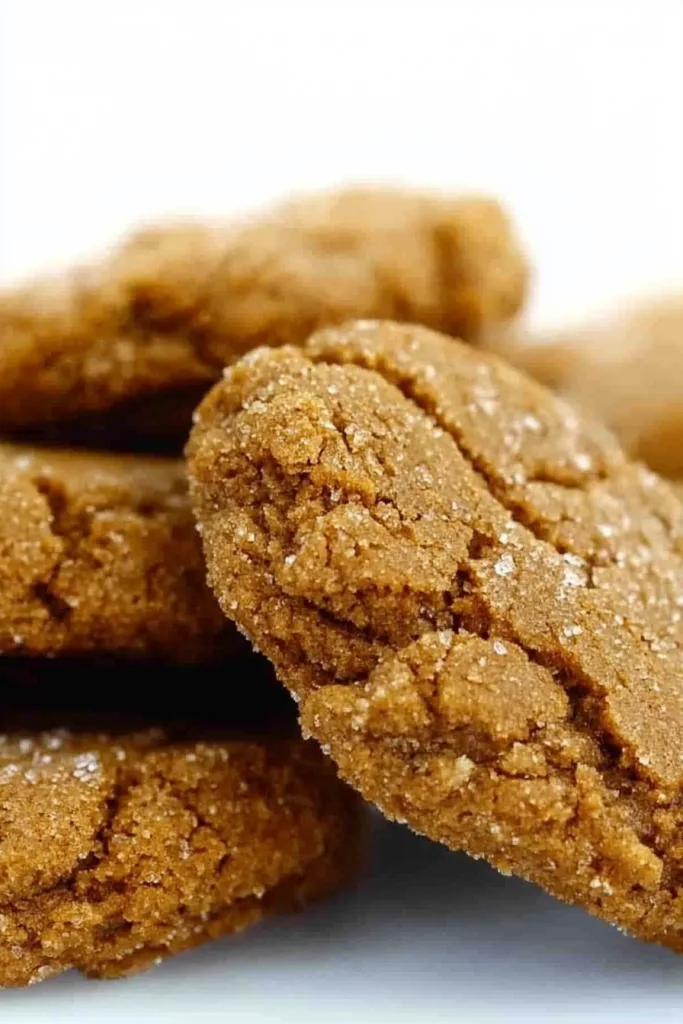 Homemade gingersnap cookies with chewy centers and crunchy edges on display.
