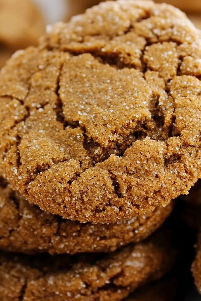 Golden brown gingersnap cookies featuring a classic cracked top and rich ginger spice.