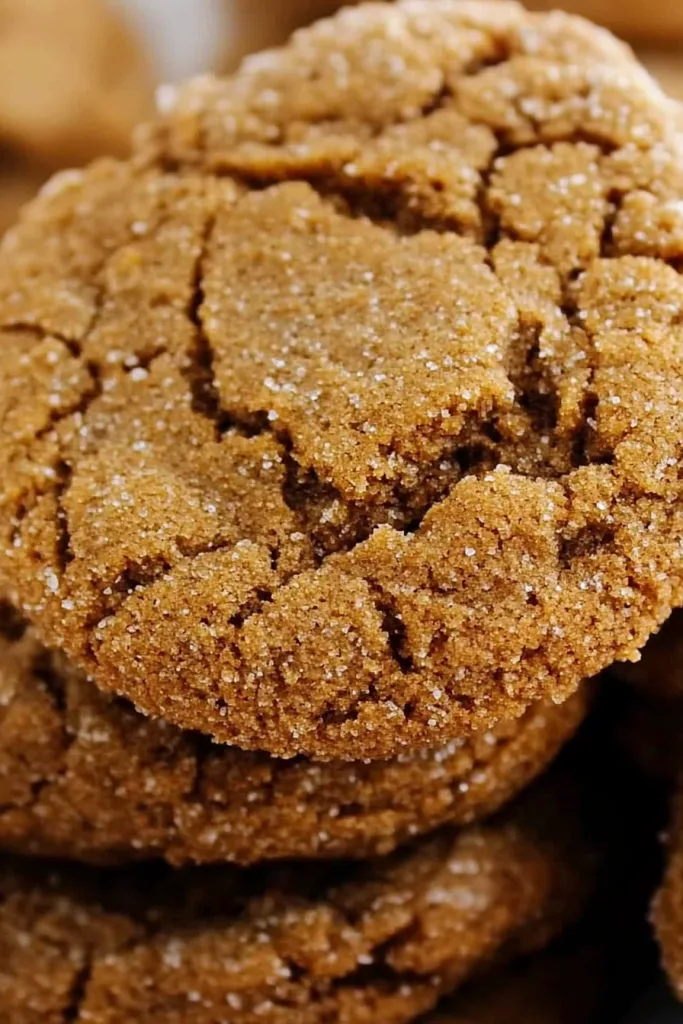 Golden brown gingersnap cookies featuring a classic cracked top and rich ginger spice.
