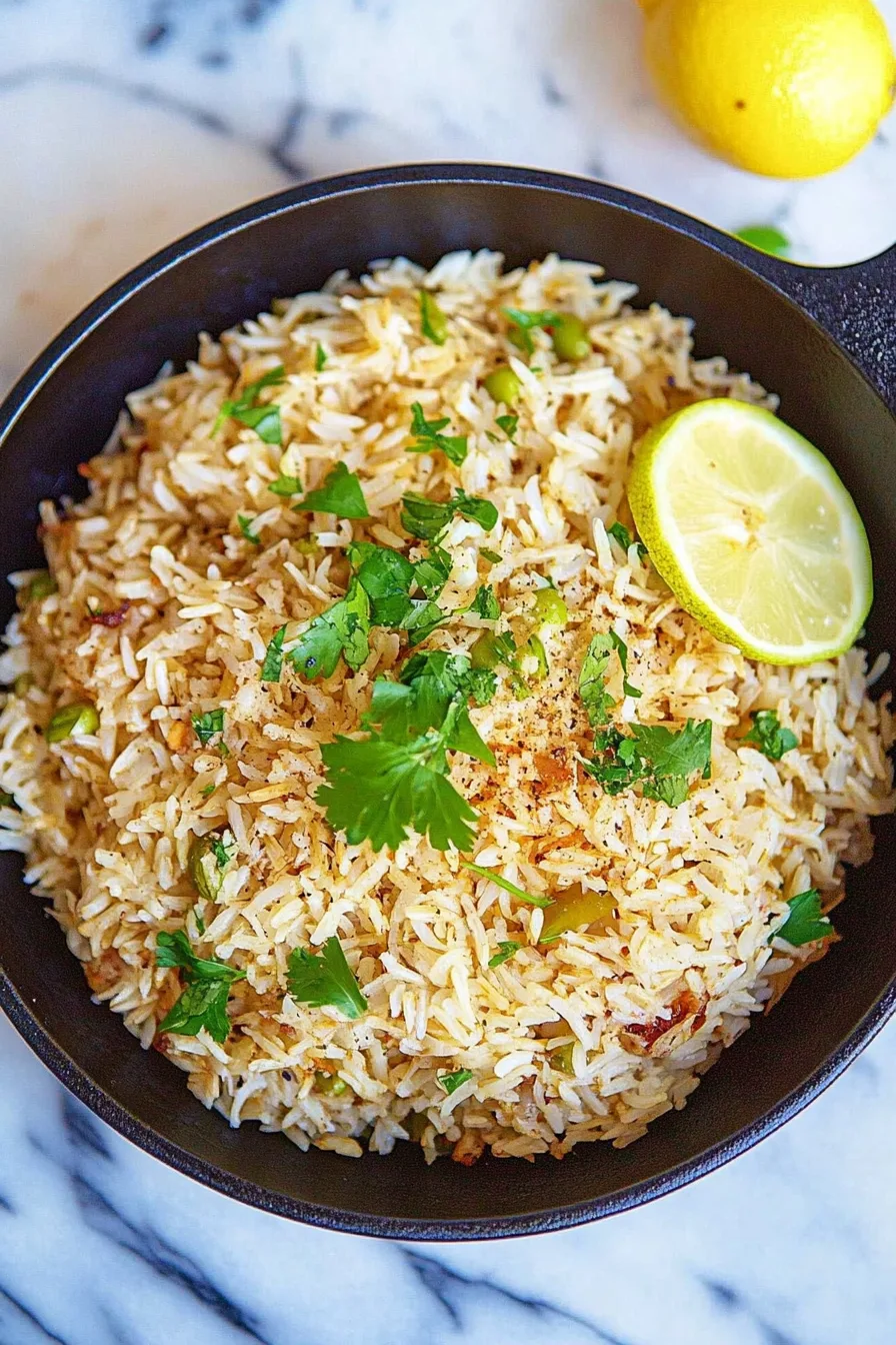 Black bowl of fluffy rice garnished with fresh herbs and a lemon slice.