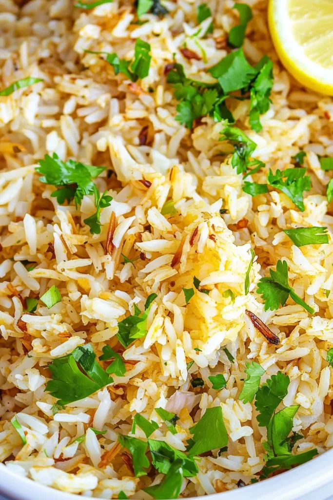 Fluffy rice with fresh herbs sprinkled on top, served in a simple bowl.