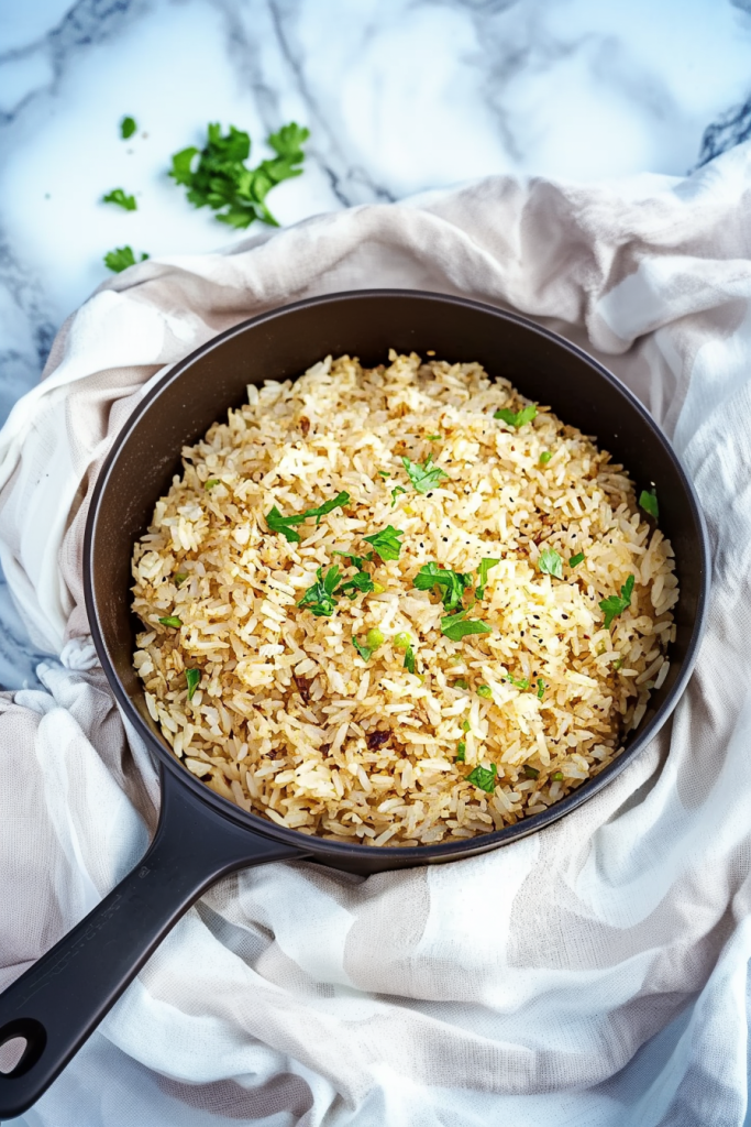 Steaming rice with vibrant herbs, presented in a casual home setting.