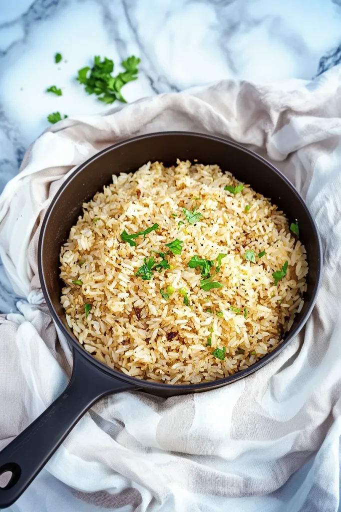 Steaming rice with vibrant herbs, presented in a casual home setting.