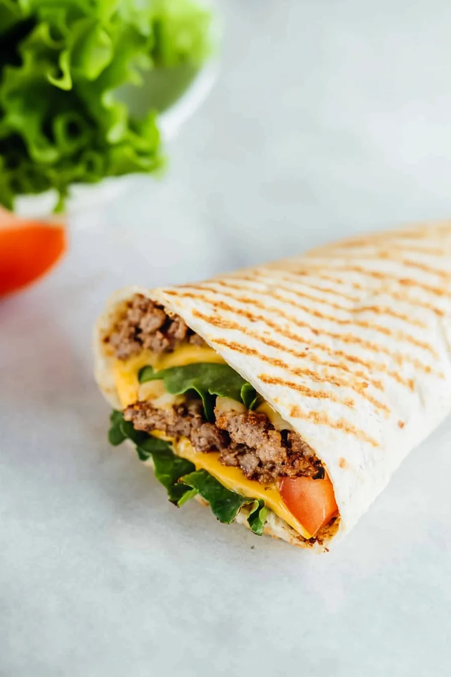 Homemade tortilla wraps stuffed with savory beef, cheddar cheese, lettuce, and tomatoes on a light background.