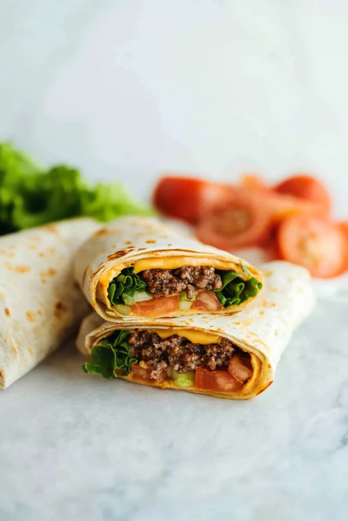 Golden grilled tortilla wraps packed with juicy beef, creamy melted cheese, and fresh tomato pieces.