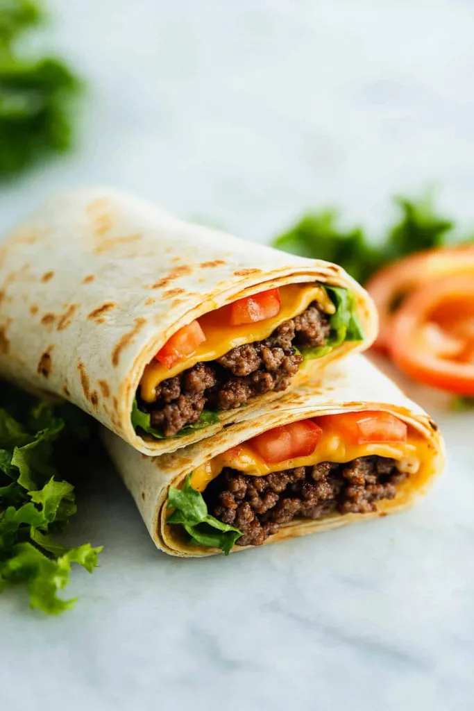 Freshly made beef and cheese tortilla wraps served with lettuce and sliced tomatoes on the side.