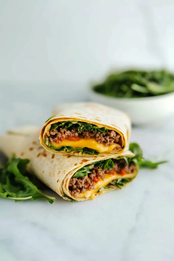 Two toasted tortilla wraps filled with seasoned ground beef, melted cheese, and crisp vegetables.