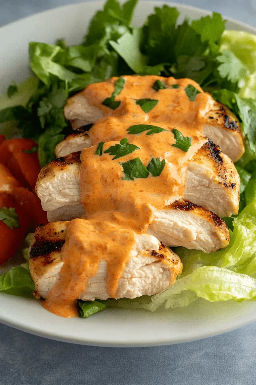 Juicy chicken breast served over leafy greens with tomato slices on the side.