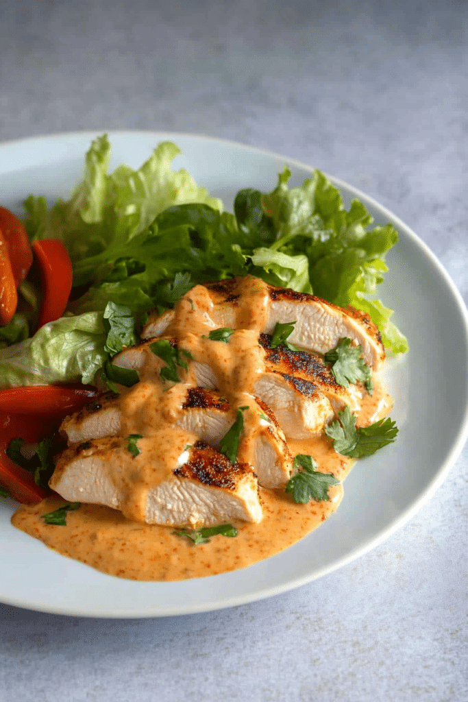 Plated chicken breast with vibrant sauce and a garnish of parsley leaves.