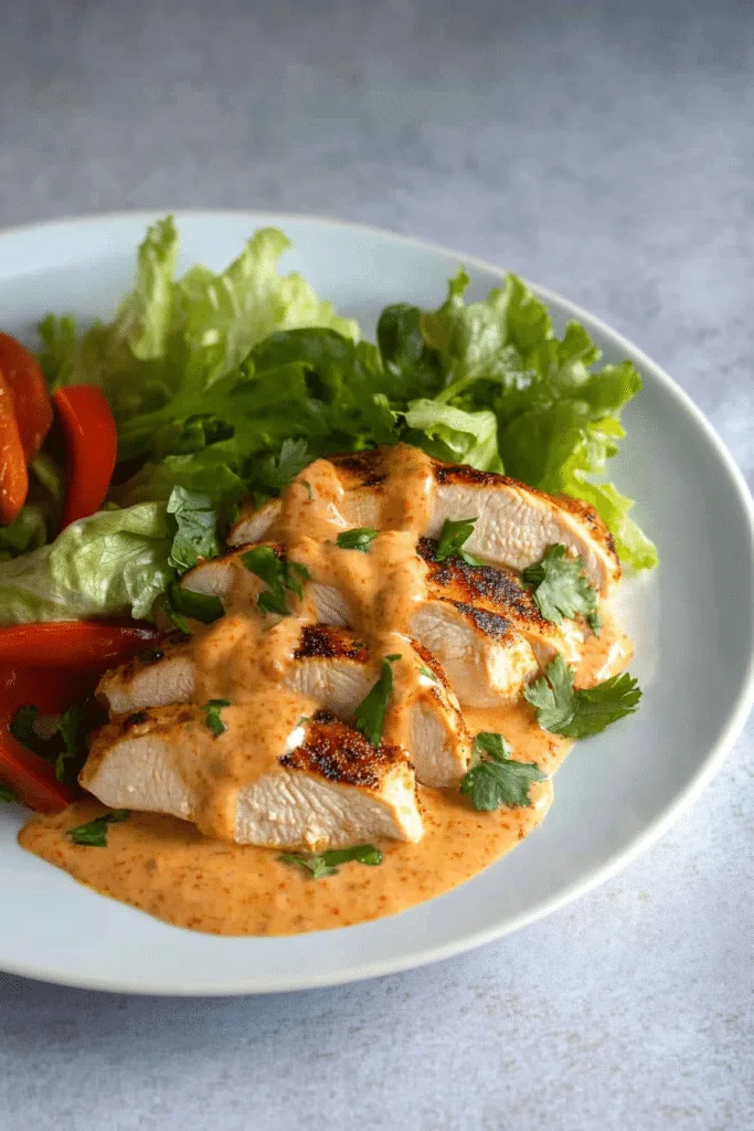Plated chicken breast with vibrant sauce and a garnish of parsley leaves.