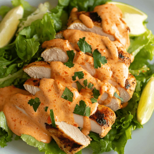 Grilled chicken arranged on greens, finished with a rich, velvety sauce.