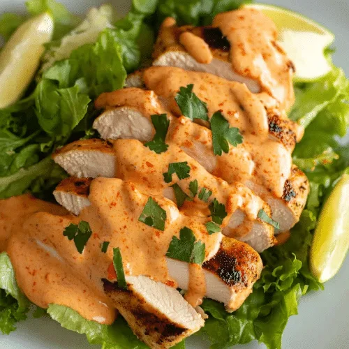 Grilled chicken arranged on greens, finished with a rich, velvety sauce.