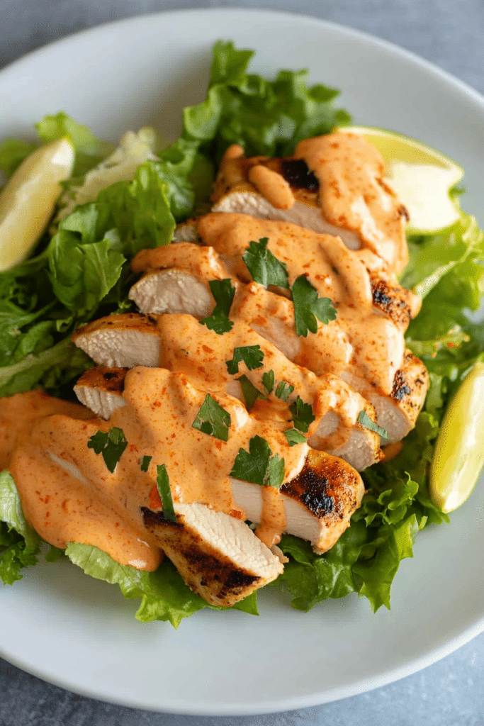 Grilled chicken arranged on greens, finished with a rich, velvety sauce.