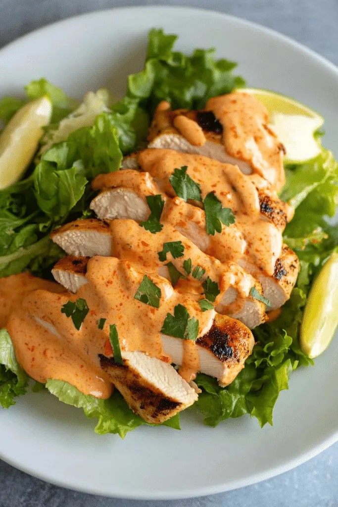 Grilled chicken arranged on greens, finished with a rich, velvety sauce.