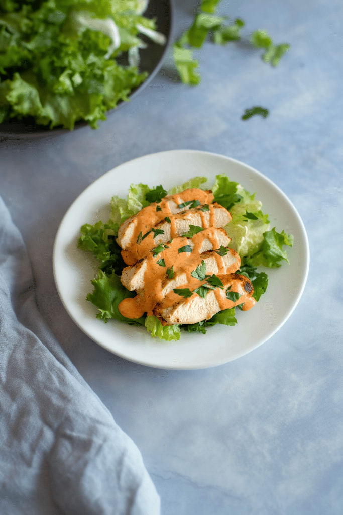 Sliced grilled chicken topped with creamy orange sauce and fresh parsley.