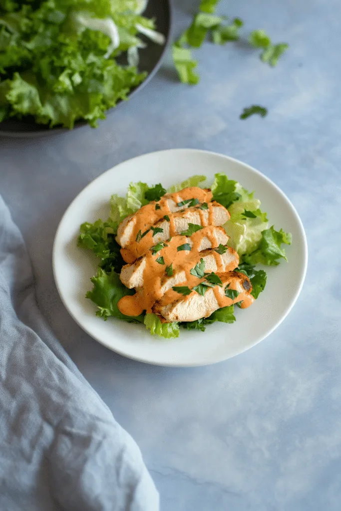 Sliced grilled chicken topped with creamy orange sauce and fresh parsley.