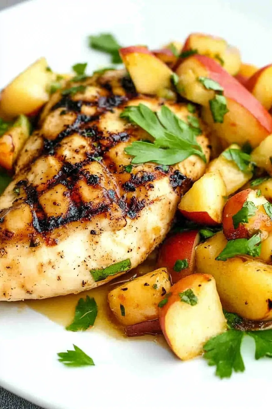 Overhead view of chicken served with vibrant fruit topping and light glaze.