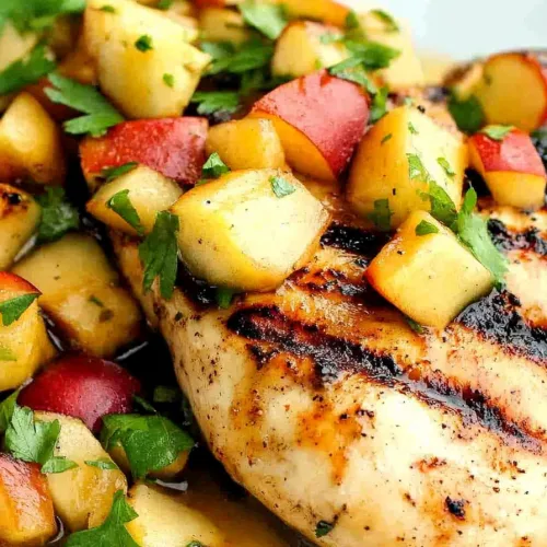 Healthy summer dish showcasing juicy chicken paired with bright seasonal produce.