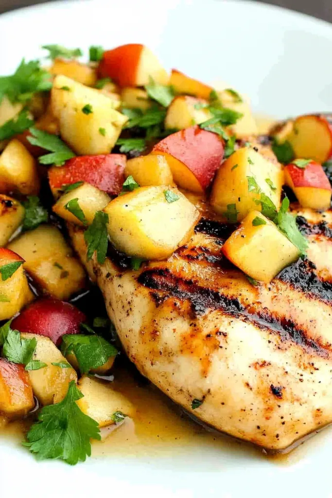 Healthy summer dish showcasing juicy chicken paired with bright seasonal produce.