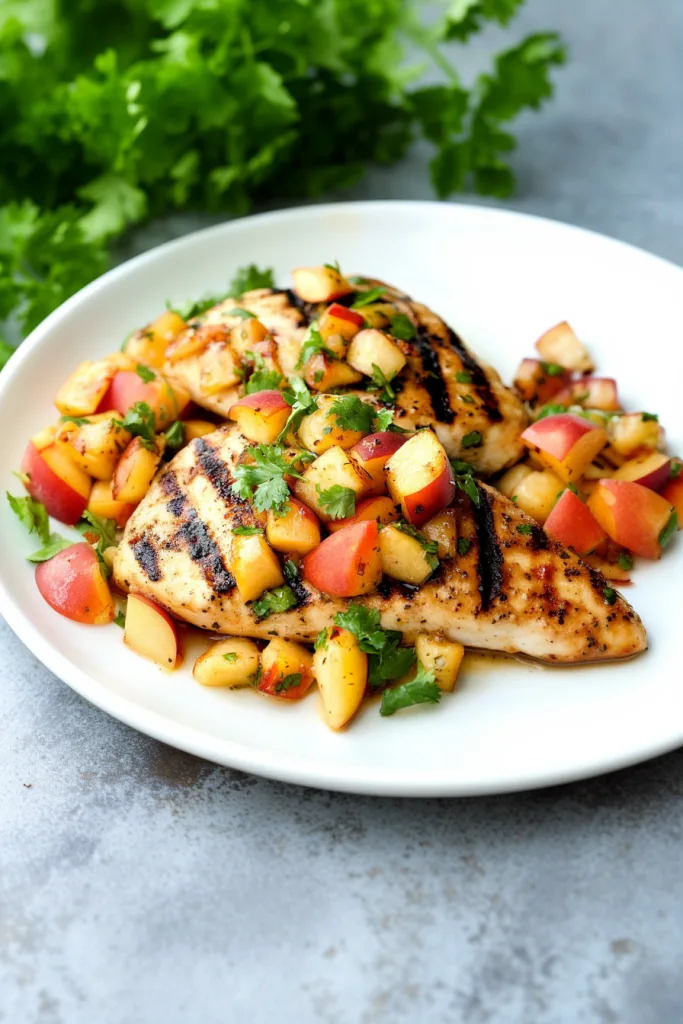 Plate of grilled chicken highlighting the contrast between savory meat and fresh salsa.