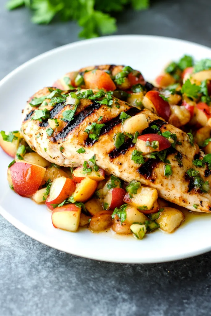 Golden-brown chicken with visible grill marks, garnished with diced peaches and herbs.