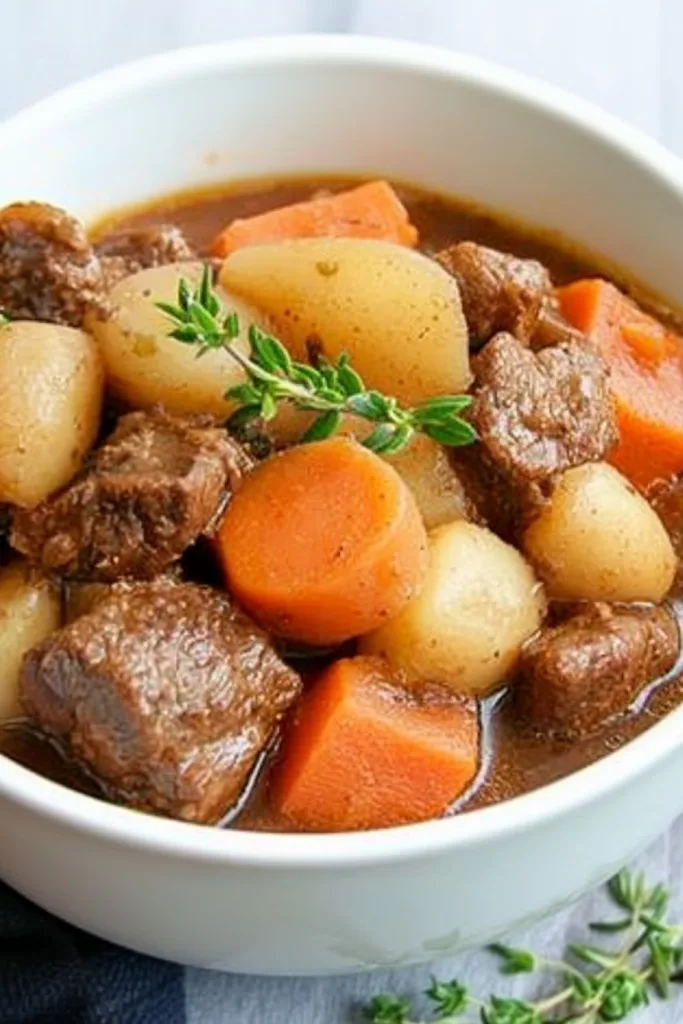 Classic Irish Guinness beef stew in a bowl topped with fresh parsley and packed with vegetables