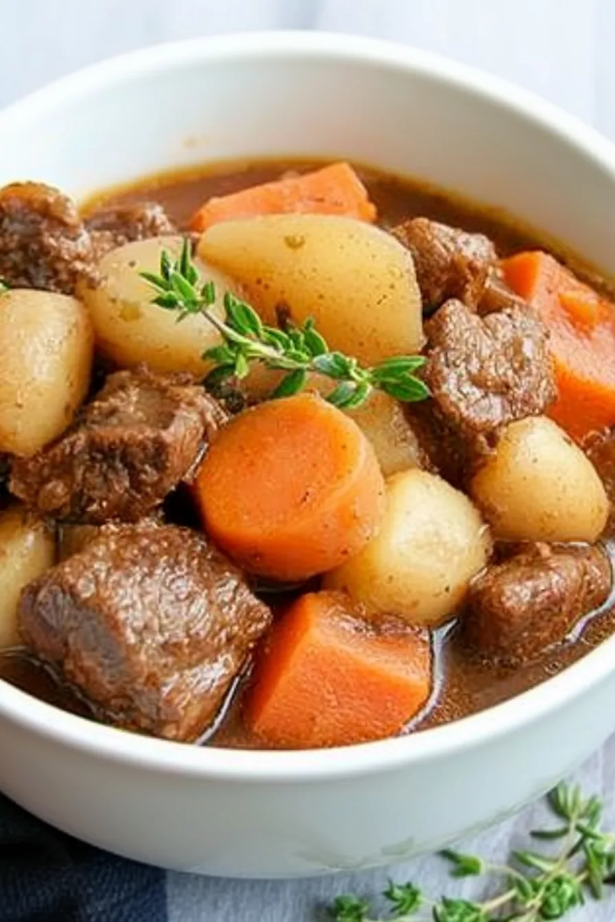 Classic Irish Guinness beef stew in a bowl topped with fresh parsley and packed with vegetables