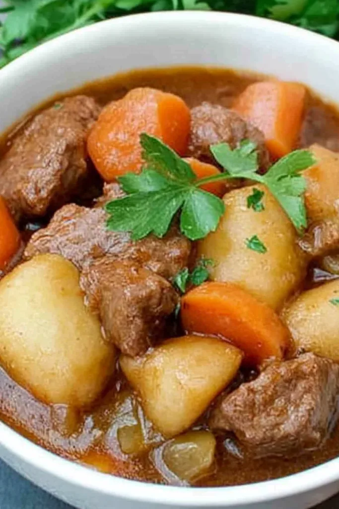 Rustic Guinness beef stew recipe with flavorful beef cubes, hearty vegetables, and thick brown gravy