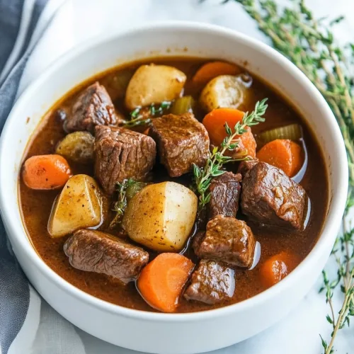 Homemade Guinness beef stew served hot with soft potatoes, carrots, and slow-cooked beef pieces