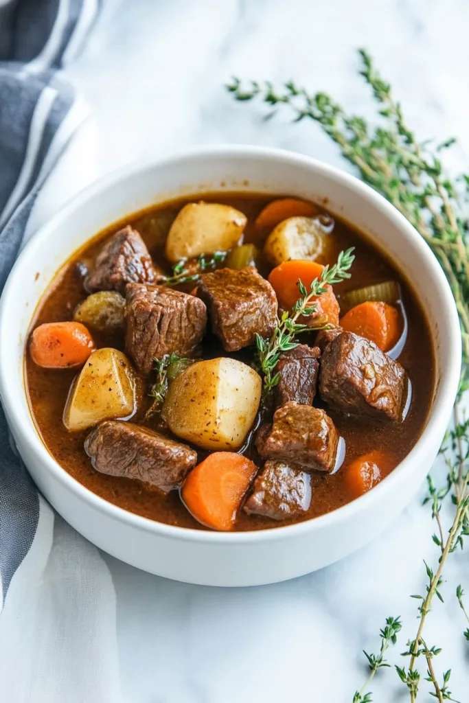 Homemade Guinness beef stew served hot with soft potatoes, carrots, and slow-cooked beef pieces