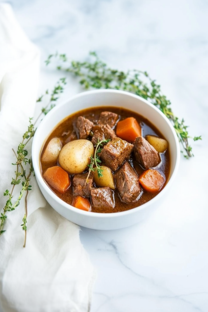 Hearty Guinness beef stew with tender beef chunks, potatoes, and carrots in a rich savory broth