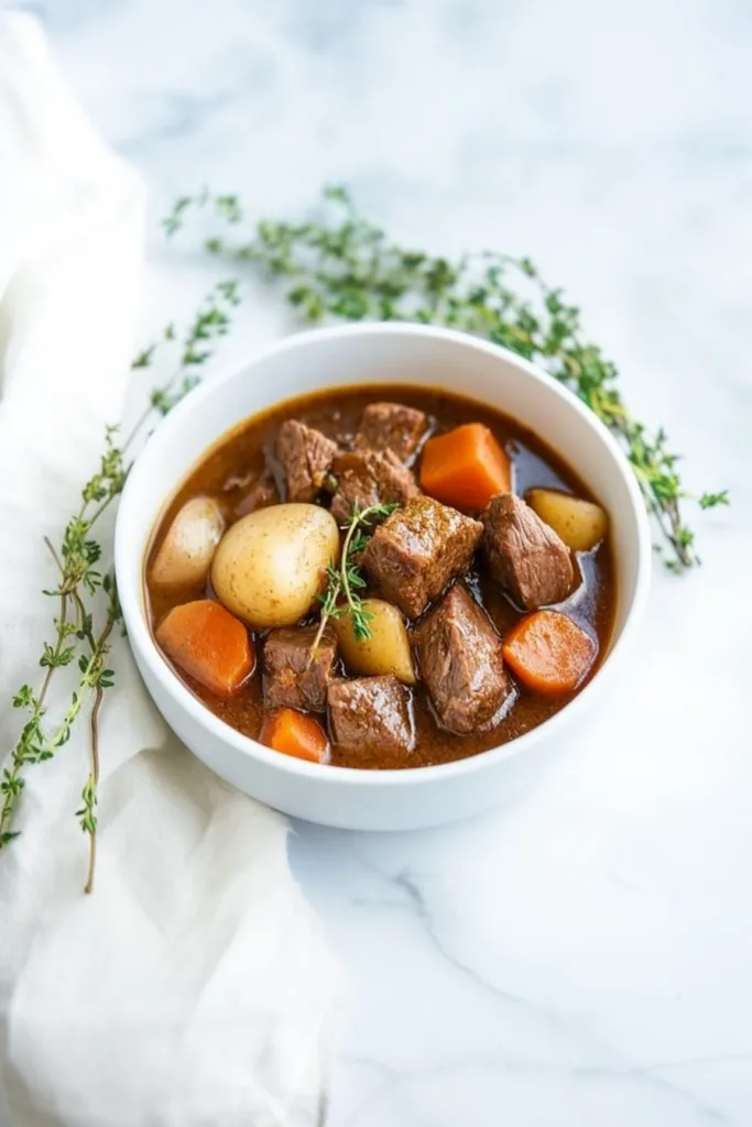Hearty Guinness beef stew with tender beef chunks, potatoes, and carrots in a rich savory broth