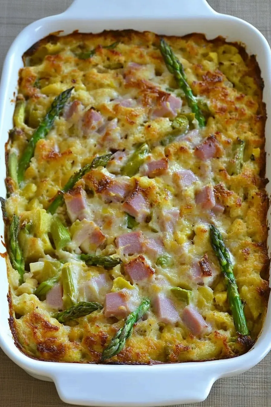 Golden baked casserole with melted cheese and crisp edges in a white dish.