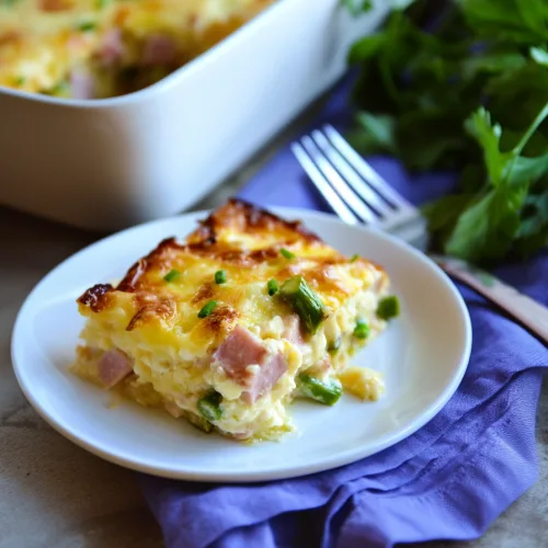 Serving of baked casserole on a white plate with golden crust and melted cheese.