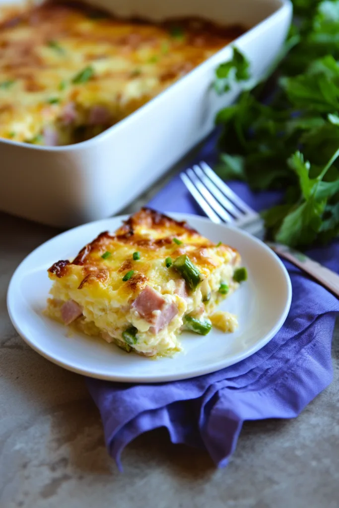 Serving of baked casserole on a white plate with golden crust and melted cheese.