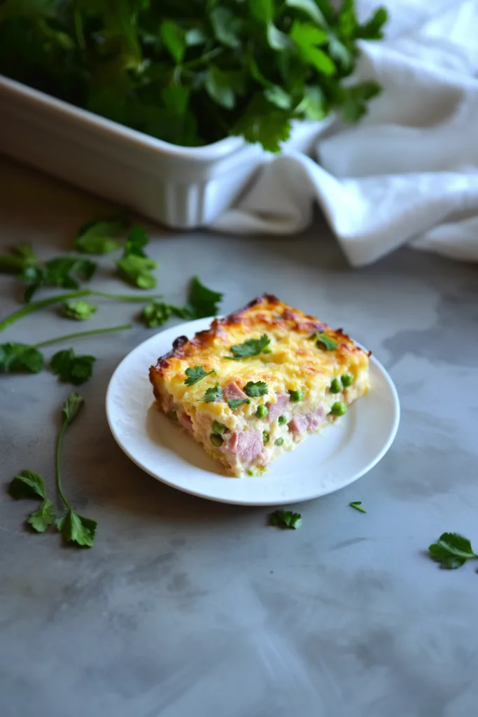 Overhead view of a hearty casserole topped with browned cheese and herbs.