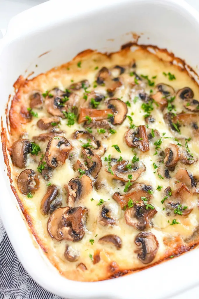 Hearty casserole slice with sautรฉed mushrooms, melted cheese, and chopped herbs.
