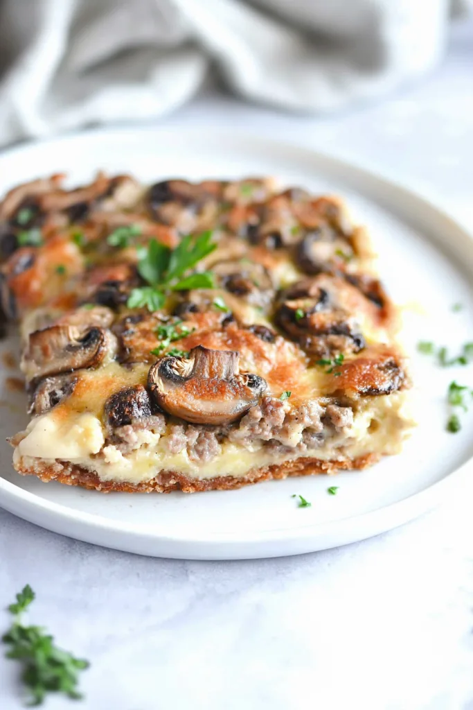 Savory comfort food served on a white plate, highlighting rich textures and browned edges.