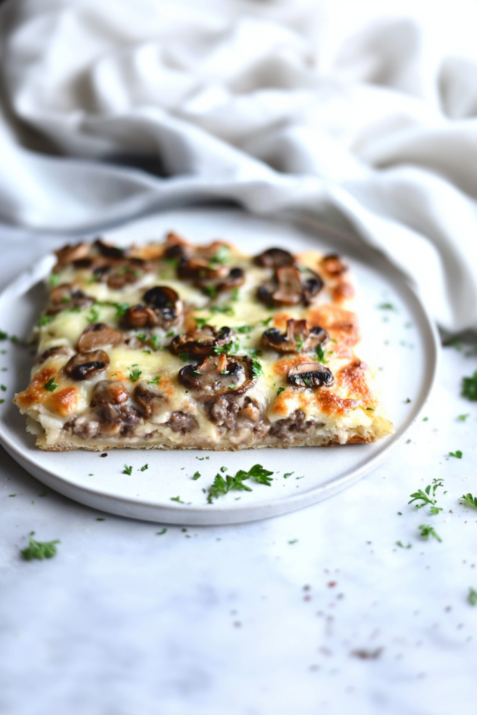 Slice of baked casserole with golden cheese topping and fresh parsley garnish.