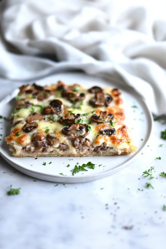 Slice of baked casserole with golden cheese topping and fresh parsley garnish.