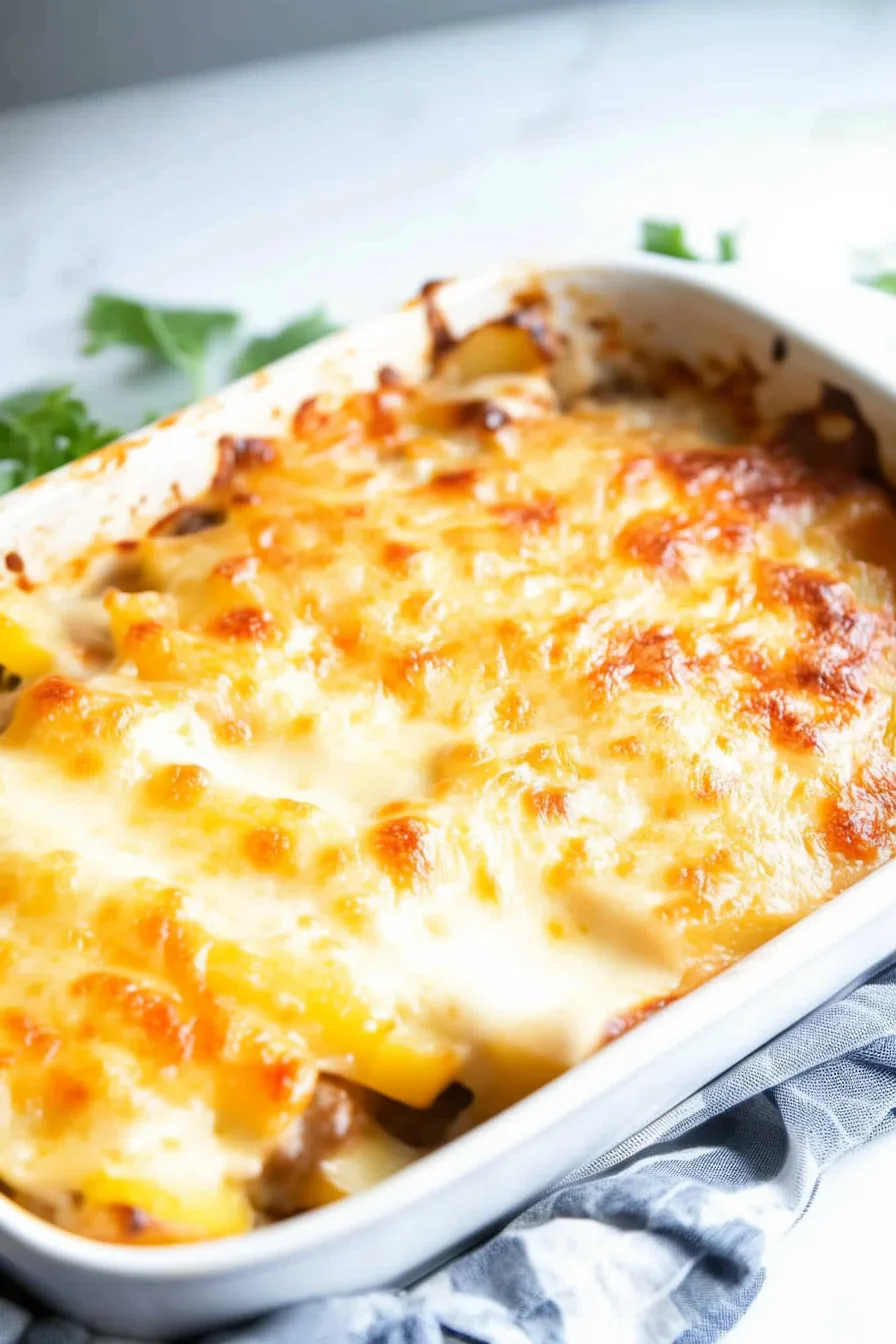 Rustic presentation of cheesy casserole emphasizing its browned top and comforting appearance.