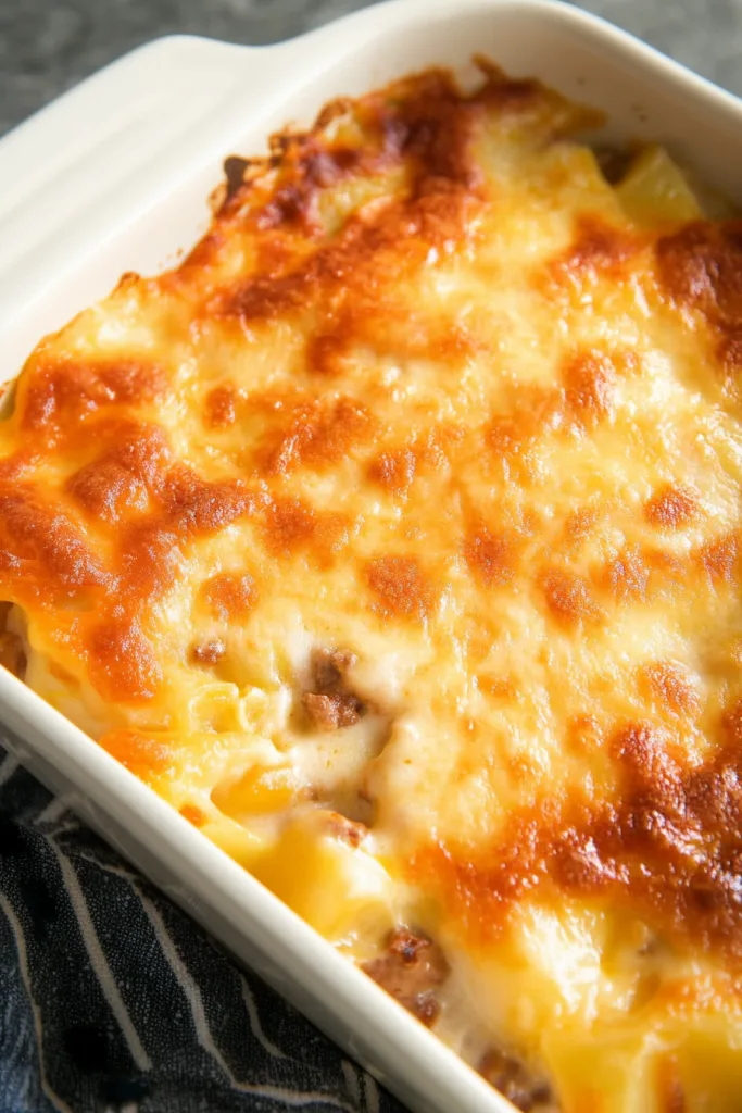 Overhead view of hearty baked dish showcasing golden surface and slightly crisp edges.