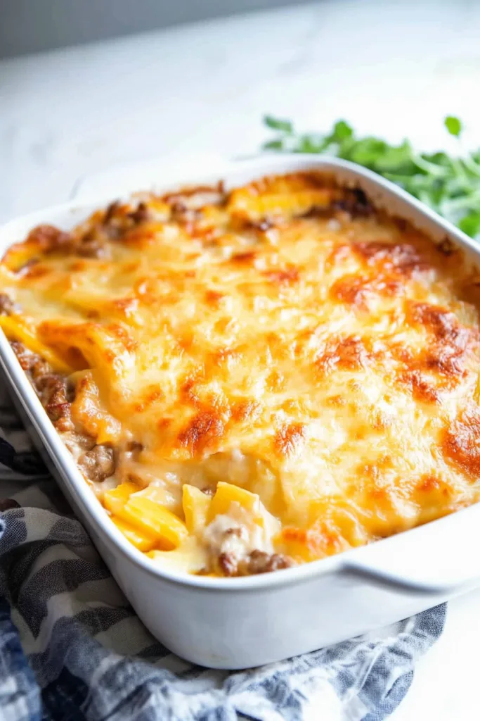 Freshly baked casserole with rich cheesy crust and hints of parsley garnish in the background.