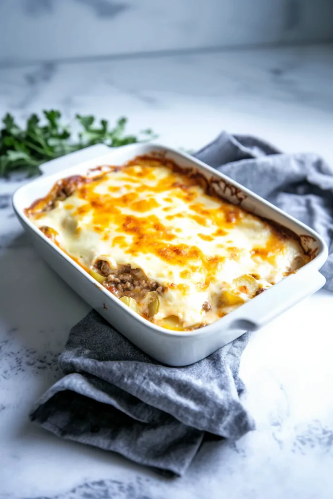 Golden-brown baked casserole with bubbling melted cheese and crisped edges in a white pan.