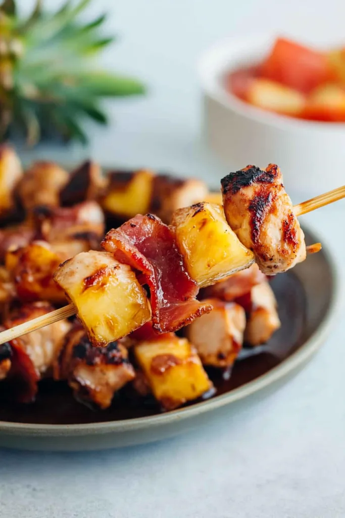 Hawaiian Chicken, Bacon, and Pineapple Kebabs plated fresh from the grill.