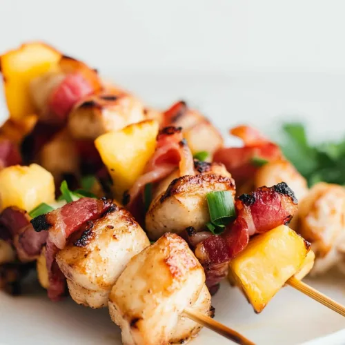 Final serving shot of skewers arranged neatly on a white plate.