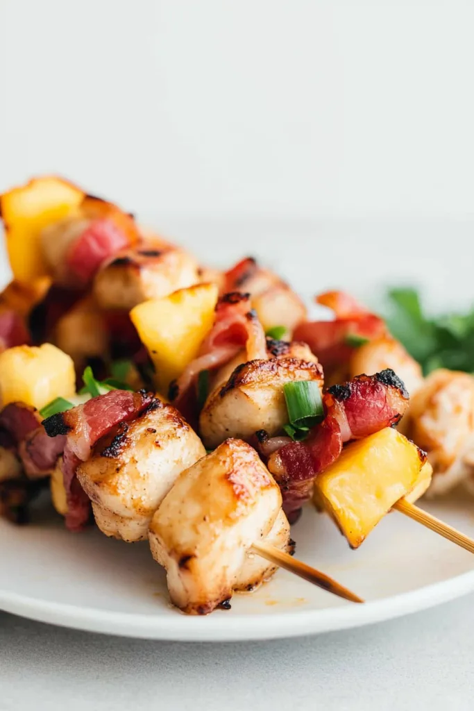 Final serving shot of skewers arranged neatly on a white plate.