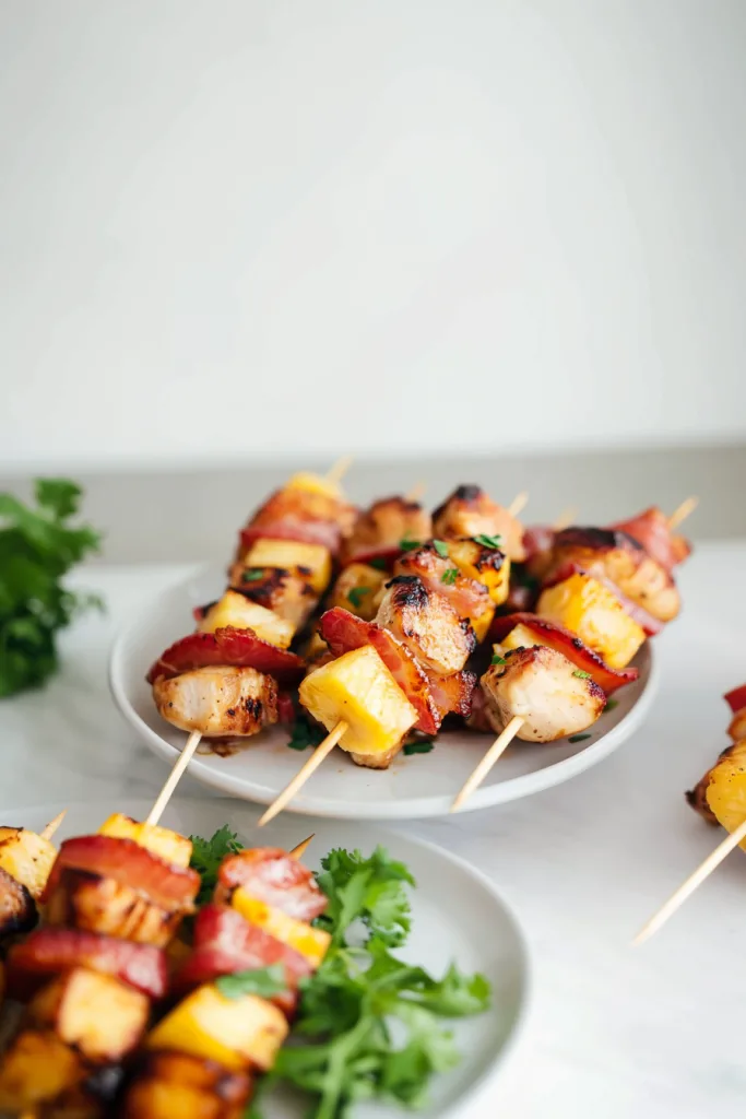 Grilled skewers with golden pineapple chunks, crispy bacon, and juicy chicken pieces.