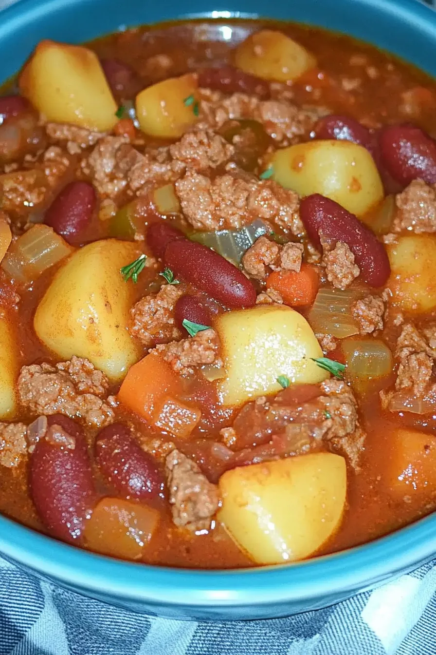 Close-up of colorful vegetables and ground beef simmered together in a hearty dish.