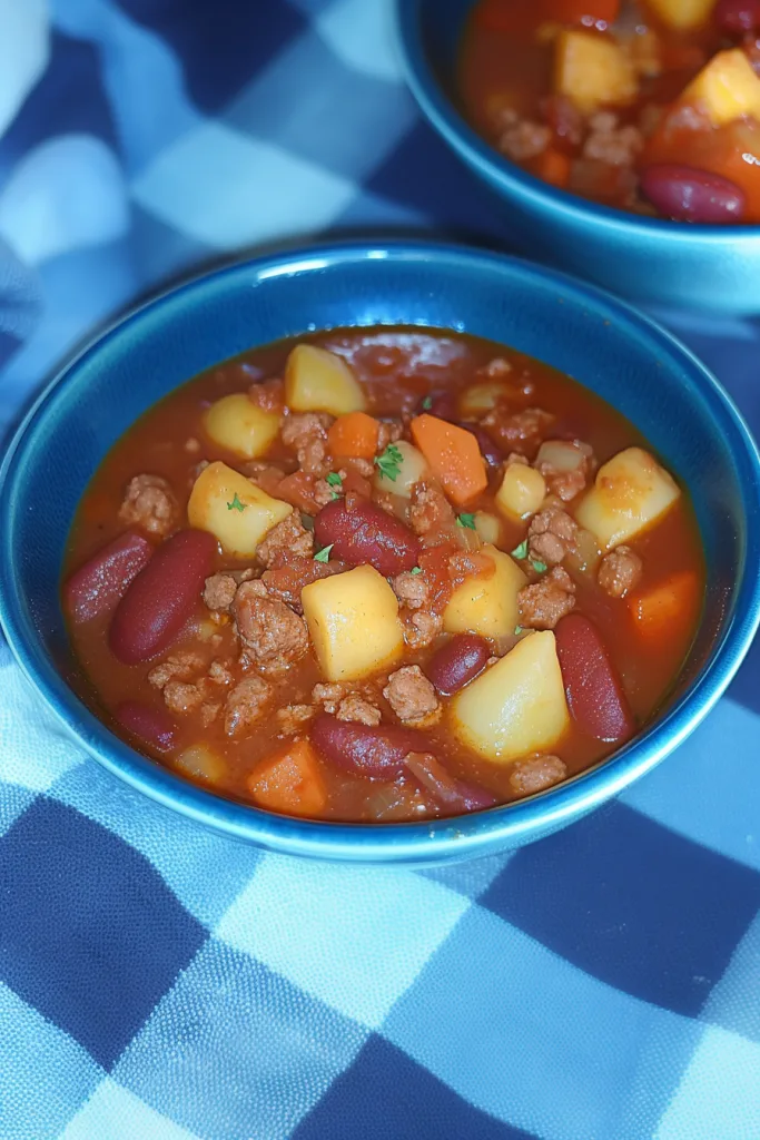 Comforting one-pot meal with ground beef, root vegetables, and tomato-based broth.